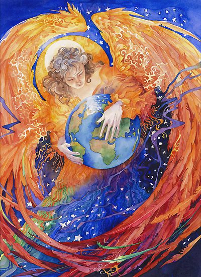 A painting of an angel holding a globe on holy days.